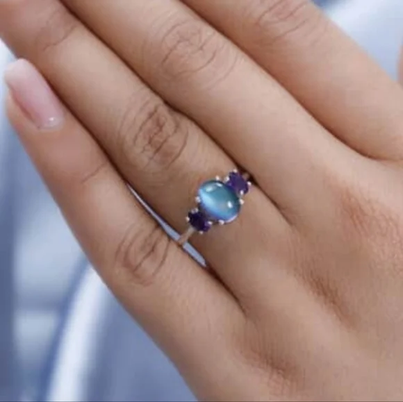 Aurora Moonstone & Amethyst Ring Platinum over Sterling Silver Sz 8! 💫 - Picture 5 of 7